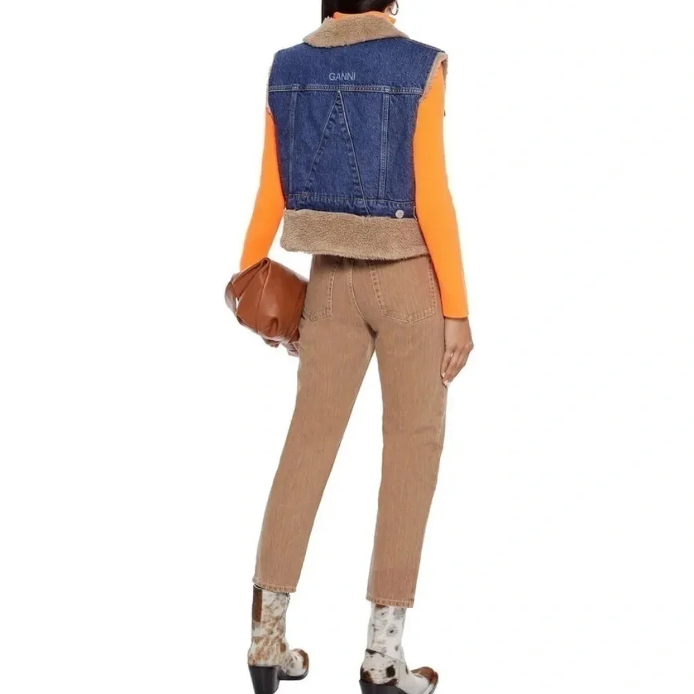 GANNI Fluffy Faux Shearling Sherpa Trim Denim Vest Gilet Embroidered Logo US 8